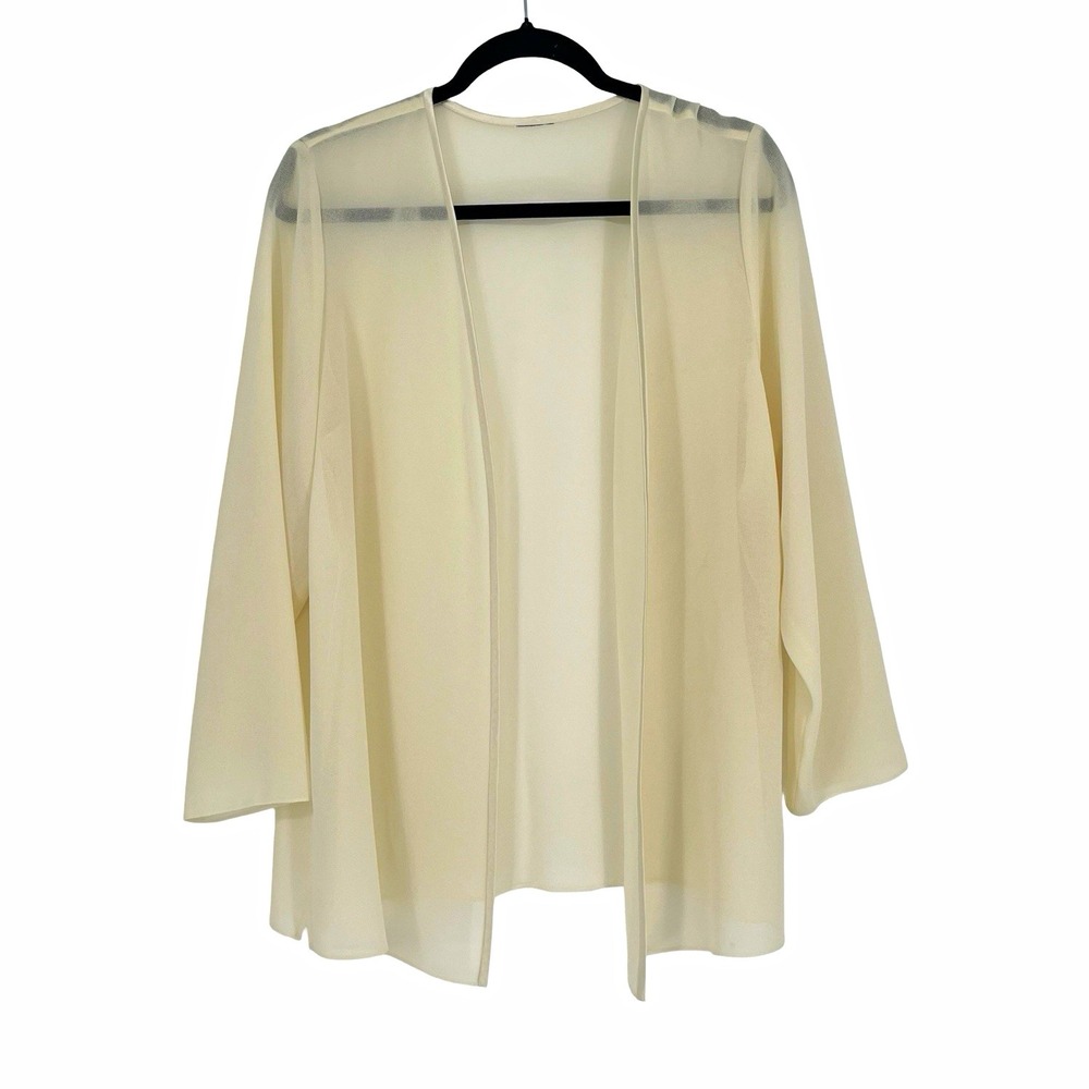 Women's L Ivory Sheer Chiffon Cardigan Open Front V-Neck 3/4 Sleeve